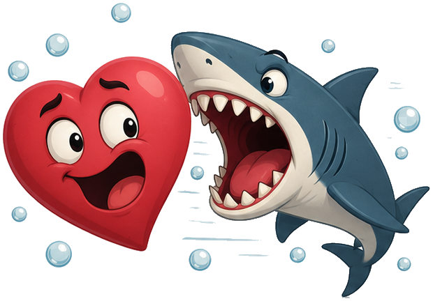 Un requin cartoon essaie de croquer un grand cœur